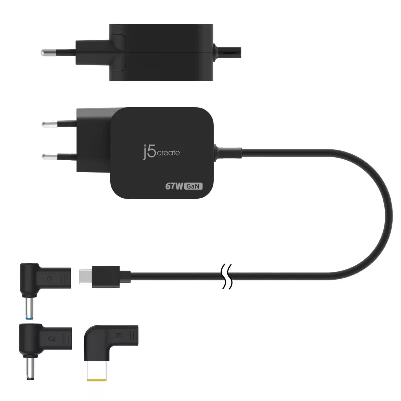 j5create JUP1565DCE3A-EN 67W GaN PD USB-C® Mini-Ladegerät mit 3 Arten von DC-Steckern - EU