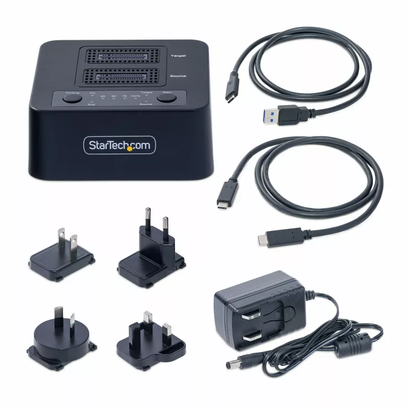 StarTech.com 1:1 M.2 NVMe Drive Duplicator, Standalone M.2 SSD Kloner/Kopierer bis zu 90 GB/min, USB 3.2 20 Gbit/s M.2 Dual-Bay Laufwerksdock, USB-C/A-Kabel im Lieferumfang