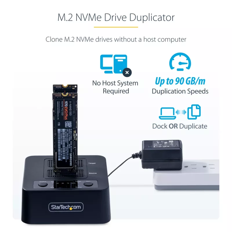 StarTech.com 1:1 M.2 NVMe Drive Duplicator, Standalone M.2 SSD Kloner/Kopierer bis zu 90 GB/min, USB 3.2 20 Gbit/s M.2 Dual-Bay Laufwerksdock, USB-C/A-Kabel im Lieferumfang