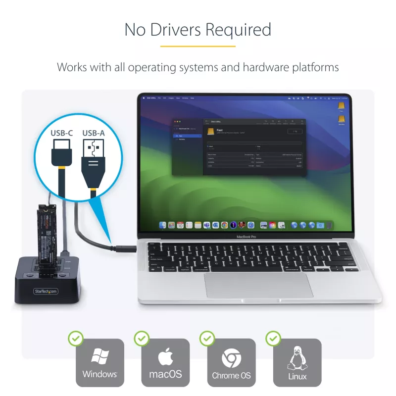 StarTech.com 1:1 M.2 NVMe Drive Duplicator, Standalone M.2 SSD Kloner/Kopierer bis zu 90 GB/min, USB 3.2 20 Gbit/s M.2 Dual-Bay Laufwerksdock, USB-C/A-Kabel im Lieferumfang