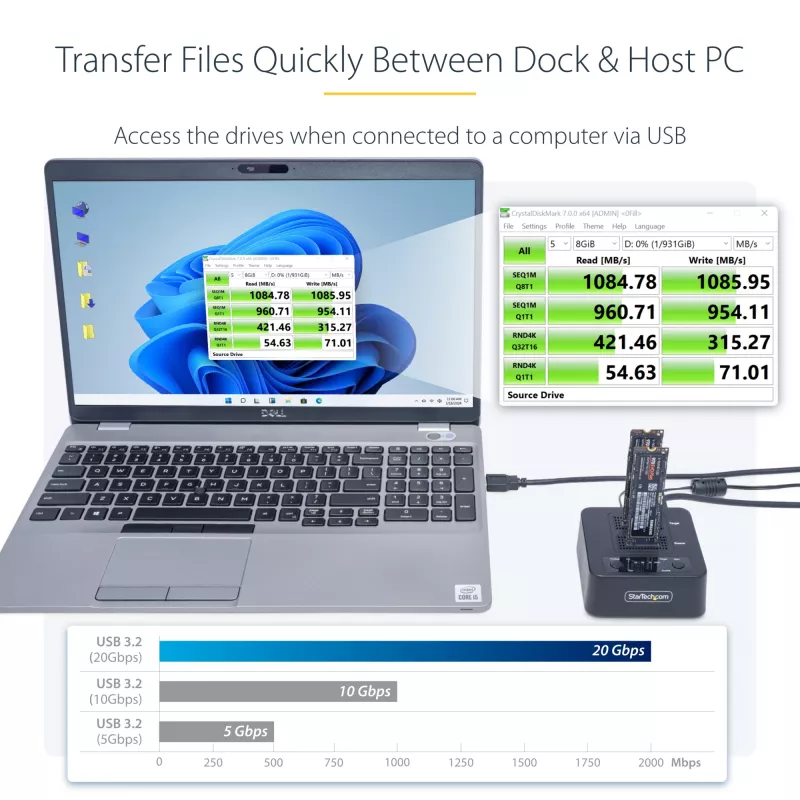 StarTech.com 1:1 M.2 NVMe Drive Duplicator, Standalone M.2 SSD Kloner/Kopierer bis zu 90 GB/min, USB 3.2 20 Gbit/s M.2 Dual-Bay Laufwerksdock, USB-C/A-Kabel im Lieferumfang