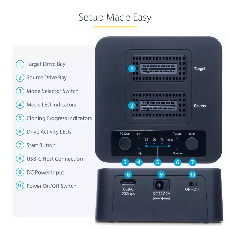 StarTech.com 1:1 M.2 NVMe Drive Duplicator, Standalone M.2 SSD Kloner/Kopierer bis zu 90 GB/min, USB 3.2 20 Gbit/s M.2 Dual-Bay Laufwerksdock, USB-C/A-Kabel im Lieferumfang