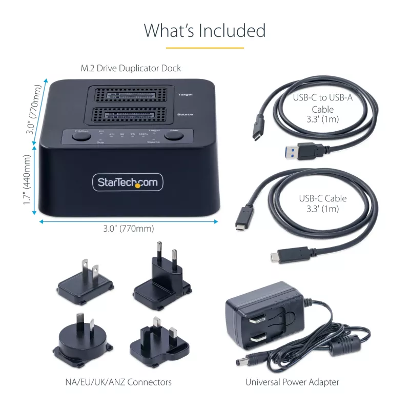 StarTech.com 1:1 M.2 NVMe Drive Duplicator, Standalone M.2 SSD Kloner/Kopierer bis zu 90 GB/min, USB 3.2 20 Gbit/s M.2 Dual-Bay Laufwerksdock, USB-C/A-Kabel im Lieferumfang