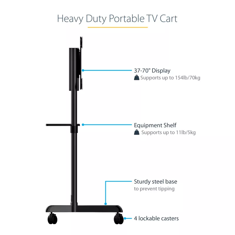 StarTech.com Mobiler TV-Wagen - Tragbarer rollender TV-Ständer für 37-70 Zoll VESA-Display (154lb/70kg) - TV-Ständer mit Ablage & Staufach - Display drehen/neigen - Universelle TV-Halterung auf Rädern