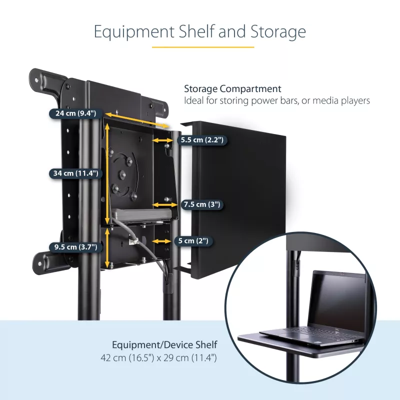 StarTech.com Mobiler TV-Wagen - Tragbarer rollender TV-Ständer für 37-70 Zoll VESA-Display (154lb/70kg) - TV-Ständer mit Ablage & Staufach - Display drehen/neigen - Universelle TV-Halterung auf Rädern