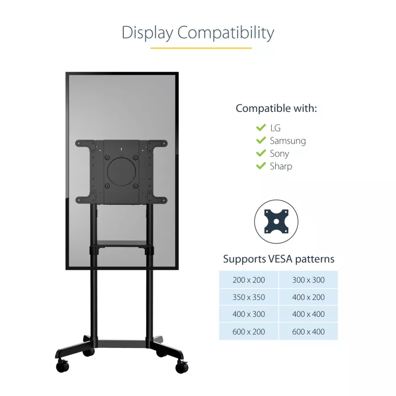 StarTech.com Mobiler TV-Wagen - Tragbarer rollender TV-Ständer für 37-70 Zoll VESA-Display (154lb/70kg) - TV-Ständer mit Ablage & Staufach - Display drehen/neigen - Universelle TV-Halterung auf Rädern