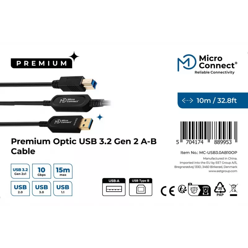 Microconnect MC-USB3.0AB10OP USB-Kabel USB 3.2 Gen 2 (3.1 Gen 2) 10 m USB A USB B Schwarz