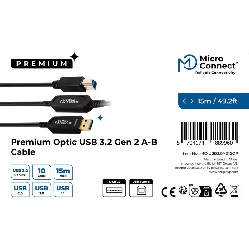 Microconnect MC-USB3.0AB15OP USB-Kabel USB 3.2 Gen 2 (3.1 Gen 2) 15 m USB A USB B Schwarz
