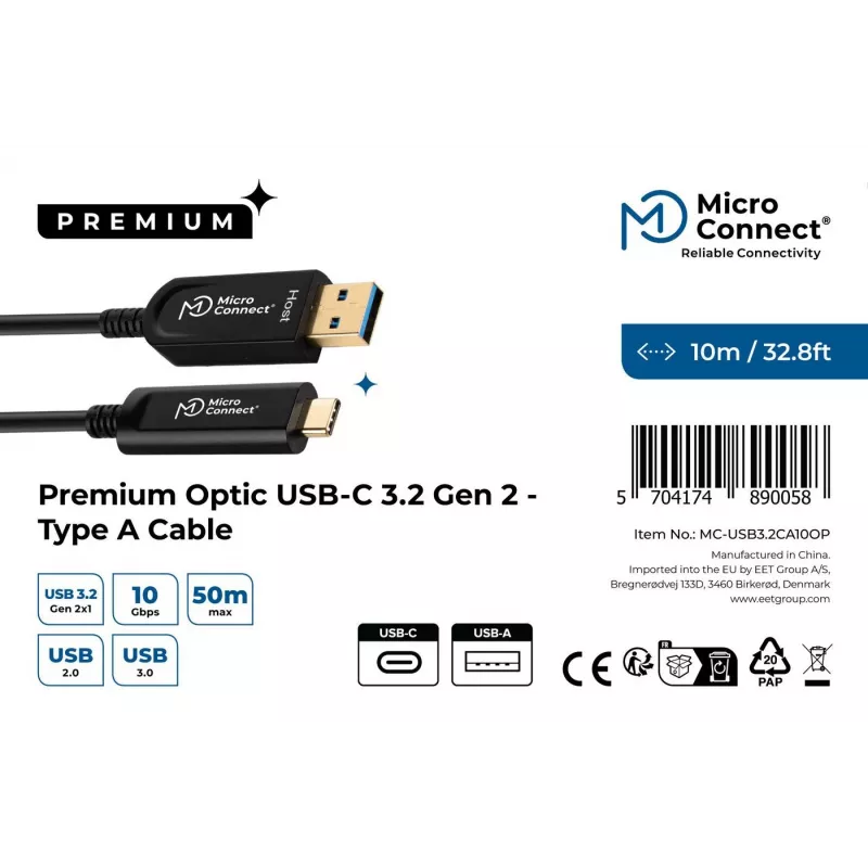 Microconnect MC-USB3.2CA10OP USB-Kabel USB 3.2 Gen 2 (3.1 Gen 2) 10 m USB-A USB-C Schwarz