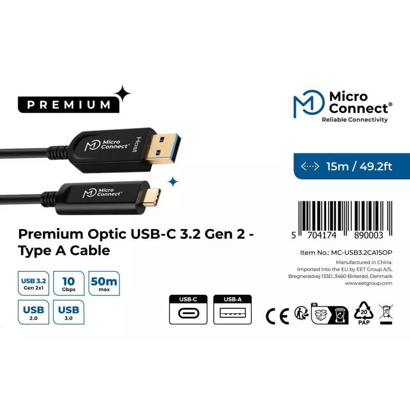 Microconnect MC-USB3.2CA15OP USB-Kabel USB 3.2 Gen 2 (3.1 Gen 2) 15 m USB A USB C Schwarz