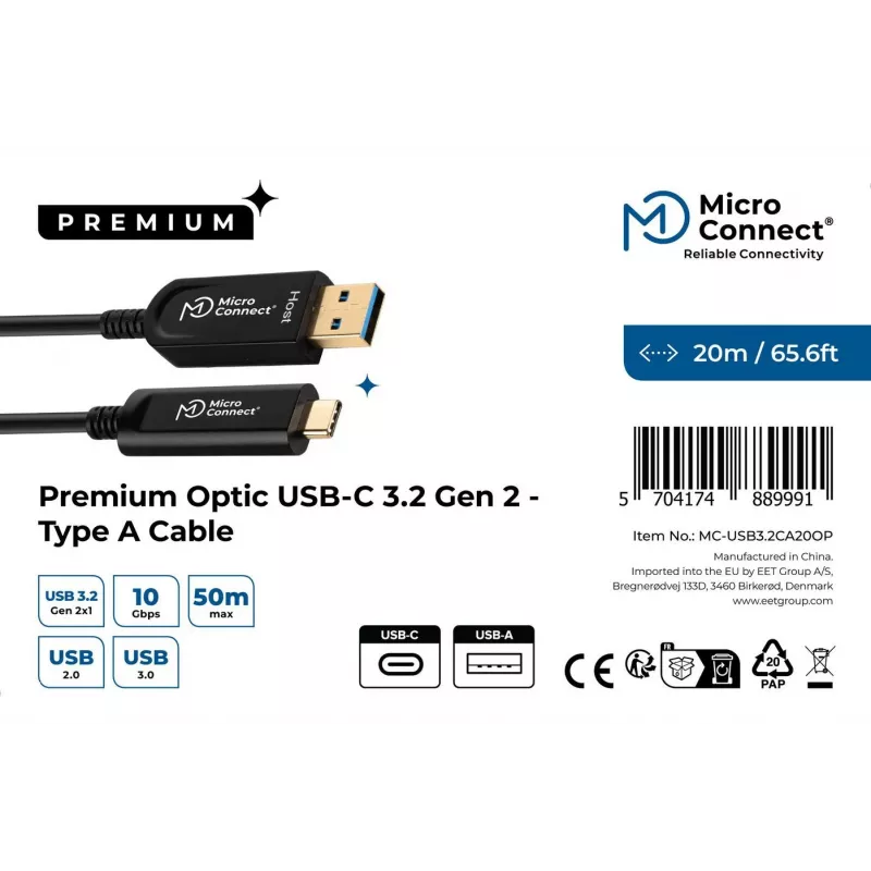 Microconnect MC-USB3.2CA20OP USB-Kabel USB 3.2 Gen 2 (3.1 Gen 2) 20 m USB A USB C Schwarz