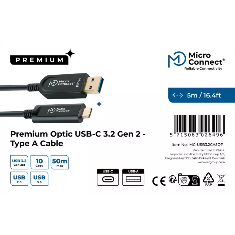 Microconnect MC-USB3.2CA5OP USB-Kabel USB 3.2 Gen 2 (3.1 Gen 2) 5 m USB A USB C Schwarz