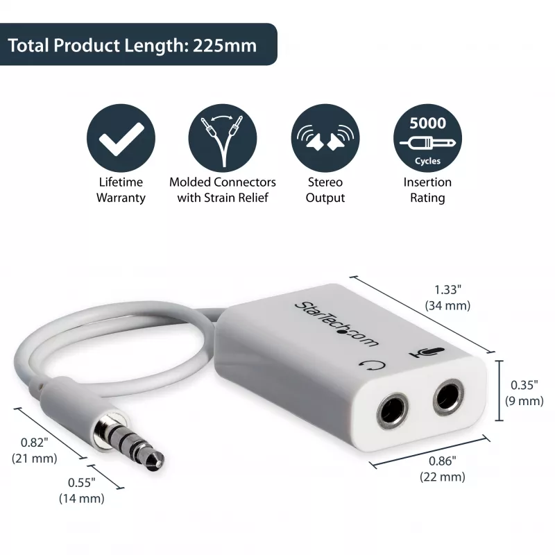 StarTech.com Weißer Headset-Adapter für Headsets mit separaten Kopfhörer-/Mikrofonsteckern – 3,5 mm 4-polig auf 2x 3-polig 3,5 mm M/F