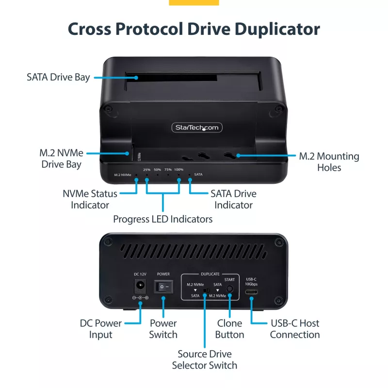 StarTech.com M.2 NVMe auf 2,5/3,5 Zoll SATA-Laufwerksduplizierer, Dual-Bay-Standalone-SSD-Kloner/Laufwerksdock, bidirektional NVMe zu SATA / SATA zu NVMe, bis zu 27 GB/min, TAA
