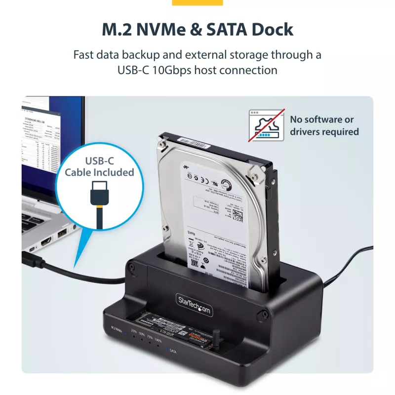 StarTech.com M.2 NVMe auf 2,5/3,5 Zoll SATA-Laufwerksduplizierer, Dual-Bay-Standalone-SSD-Kloner/Laufwerksdock, bidirektional NVMe zu SATA / SATA zu NVMe, bis zu 27 GB/min, TAA