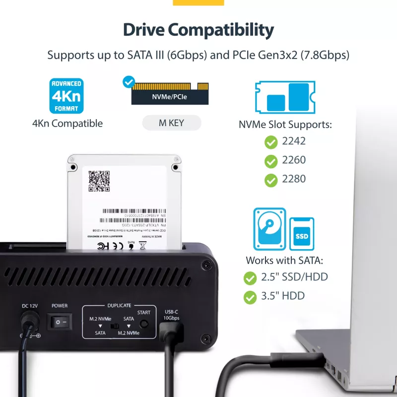 StarTech.com M.2 NVMe auf 2,5/3,5 Zoll SATA-Laufwerksduplizierer, Dual-Bay-Standalone-SSD-Kloner/Laufwerksdock, bidirektional NVMe zu SATA / SATA zu NVMe, bis zu 27 GB/min, TAA