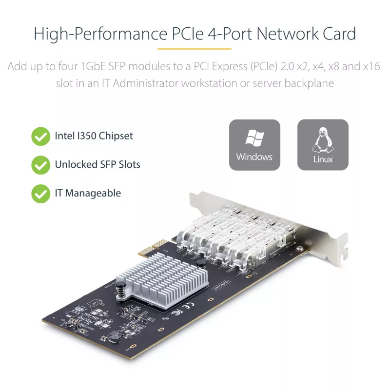 StarTech.com 4-Port GbE SFP-Netzwerkkarte, PCIe 2.0 x2 (x4, x8, x16 kompatibel), Intel I350-AM4 4x 1GbE-Controller, 1000BASE Kupfer/Glasfaser, Desktop/Server Quad-Port Gigabit Ethernet NIC - Windows & Linux