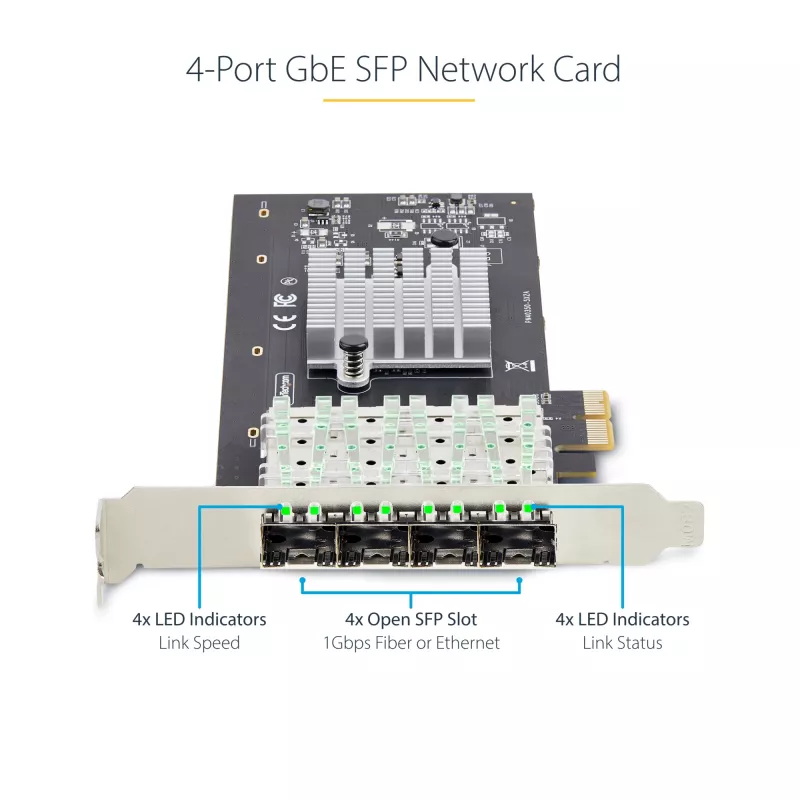 StarTech.com 4-Port GbE SFP-Netzwerkkarte, PCIe 2.0 x2 (x4, x8, x16 kompatibel), Intel I350-AM4 4x 1GbE-Controller, 1000BASE Kupfer/Glasfaser, Desktop/Server Quad-Port Gigabit Ethernet NIC - Windows & Linux