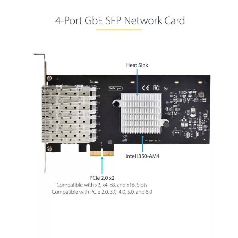 StarTech.com 4-Port GbE SFP-Netzwerkkarte, PCIe 2.0 x2 (x4, x8, x16 kompatibel), Intel I350-AM4 4x 1GbE-Controller, 1000BASE Kupfer/Glasfaser, Desktop/Server Quad-Port Gigabit Ethernet NIC - Windows & Linux