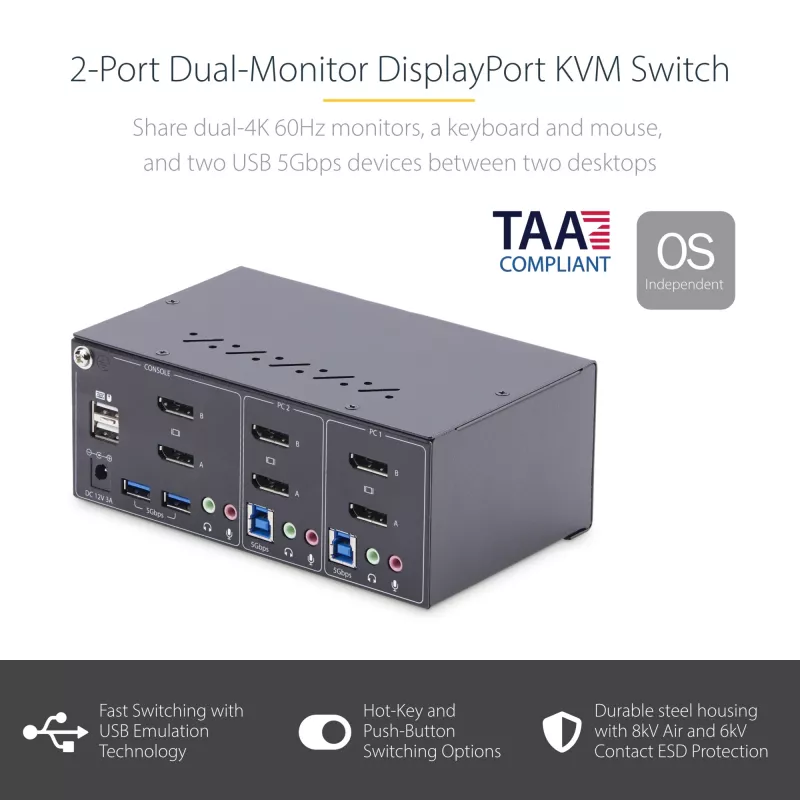 StarTech.com 2-Port Dual-Monitor DisplayPort KVM Switch, 4K 60Hz, 2x USB 5Gbps Hub Ports, 2x USB 2.0 HID Ports, Hotkey und Taster Umschaltung, TAA-konform – ESD-Schutzstufe 3