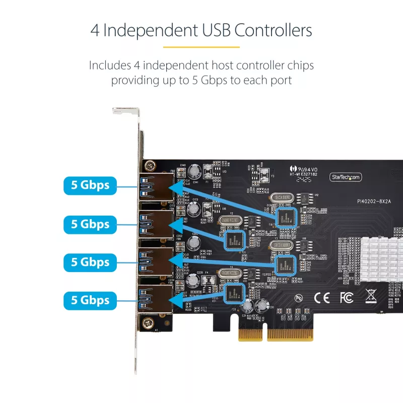 StarTech.com 4-Port USB PCIe-Karte, USB 3.2 5 Gbit/s, PCI Express-Erweiterungskarte mit 4 unabhängigen USB-Controllern, 4 USB-A-Ports, Windows/macOS/Linux