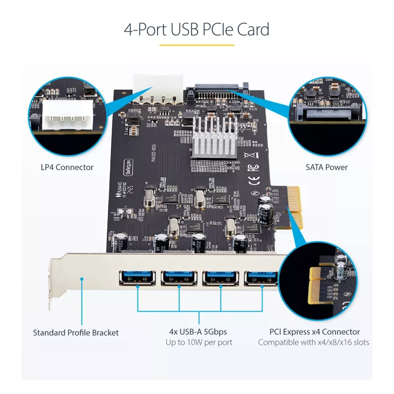 StarTech.com 4-Port USB PCIe-Karte, USB 3.2 5 Gbit/s, PCI Express-Erweiterungskarte mit 4 unabhängigen USB-Controllern, 4 USB-A-Ports, Windows/macOS/Linux