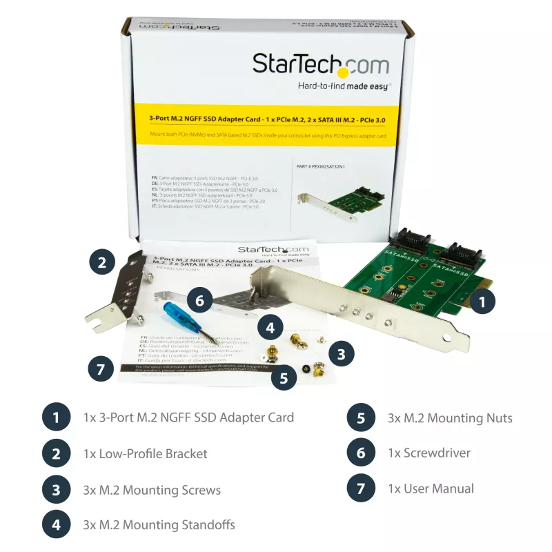 StarTech.com 3-Port M.2 SSD (NGFF) Adapterkarte – 1 x PCIe (NVMe) M.2, 2 x SATA III M.2 – PCIe 3.0