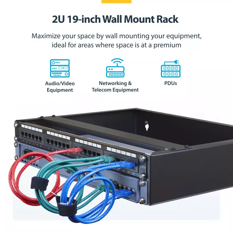 StarTech.com 2U Wandmontage-Netzwerkschrank – 14 Zoll tief (Low Profile) – 19 Zoll Patchpanel-Halterung für flache Server, IT-Geräte, Netzwerk-Switches – 35 kg Tragfähigkeit, Schwarz