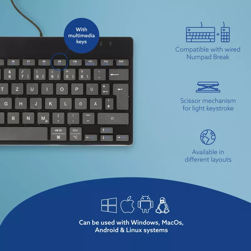 R-Go Tools Ergonomische Tastatur R-Go Compact Break, kompakte Tastatur mit Pausen-Software, QWERTZ (DE), kabelgebunden, schwarz