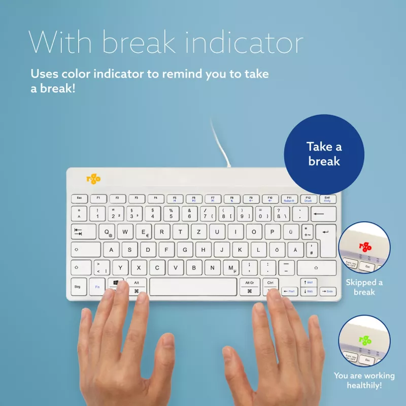 R-Go Tools Ergonomische Tastatur R-Go Compact Break, kompakte Tastatur mit Pausen-Software, QWERTZ (DE), kabelgebunden, weiß