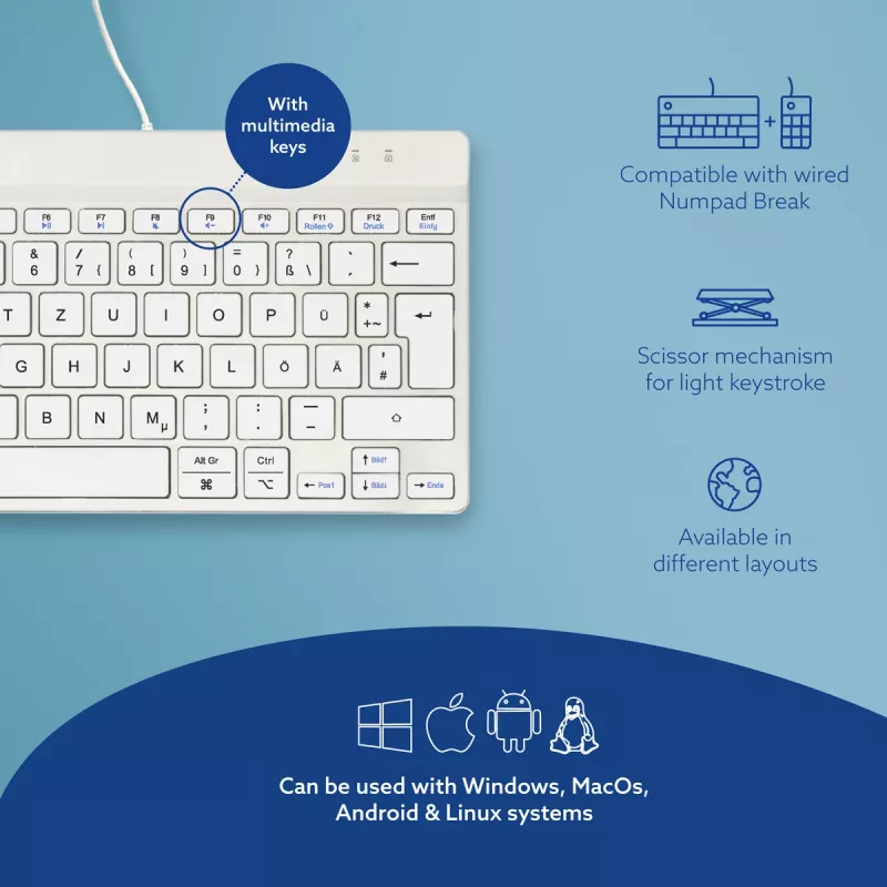 R-Go Tools Ergonomische Tastatur R-Go Compact Break, kompakte Tastatur mit Pausen-Software, QWERTZ (DE), kabelgebunden, weiß