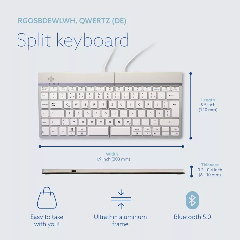R-Go Tools Ergonomische Tastatur R-Go Split Break mit Pausensoftware, ergonomische geteilte Tastatur, QWERTZ (DE), Bluetooth, weiß