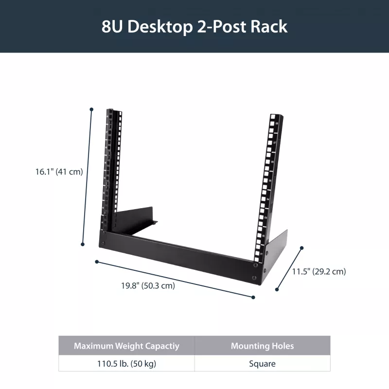 StarTech.com 2-Post 8U Desktop-Server-Rack, kleines Open-Frame 19-Zoll-Computer-Rack, kompaktes Netzwerk-Rack für AV-/Studio-/Daten-/IT-Equipment – freistehendes Zwei-Pfosten-Rack für Zuhause/Büro