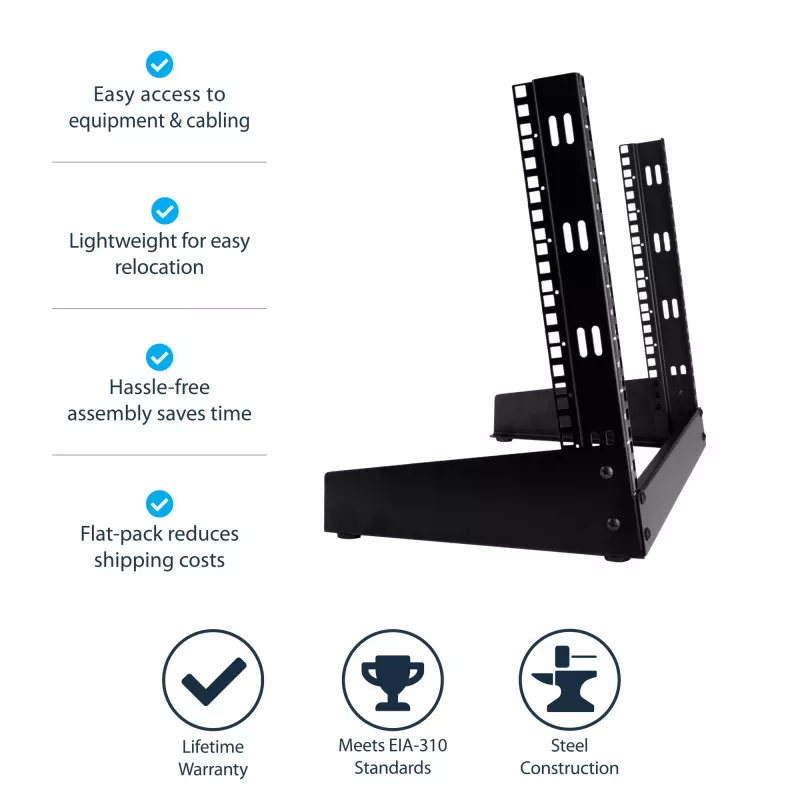 StarTech.com 2-Post 8U Desktop-Server-Rack, kleines Open-Frame 19-Zoll-Computer-Rack, kompaktes Netzwerk-Rack für AV-/Studio-/Daten-/IT-Equipment – freistehendes Zwei-Pfosten-Rack für Zuhause/Büro