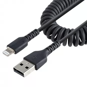 StarTech.com 1m (3ft) USB auf Lightning Kabel, MFi zertifiziert, spiralförmiges iPhone Ladekabel, Schwarz, strapazierfähiger TPE-Mantel Aramidfaser, robustes Spiralkabel Lightning