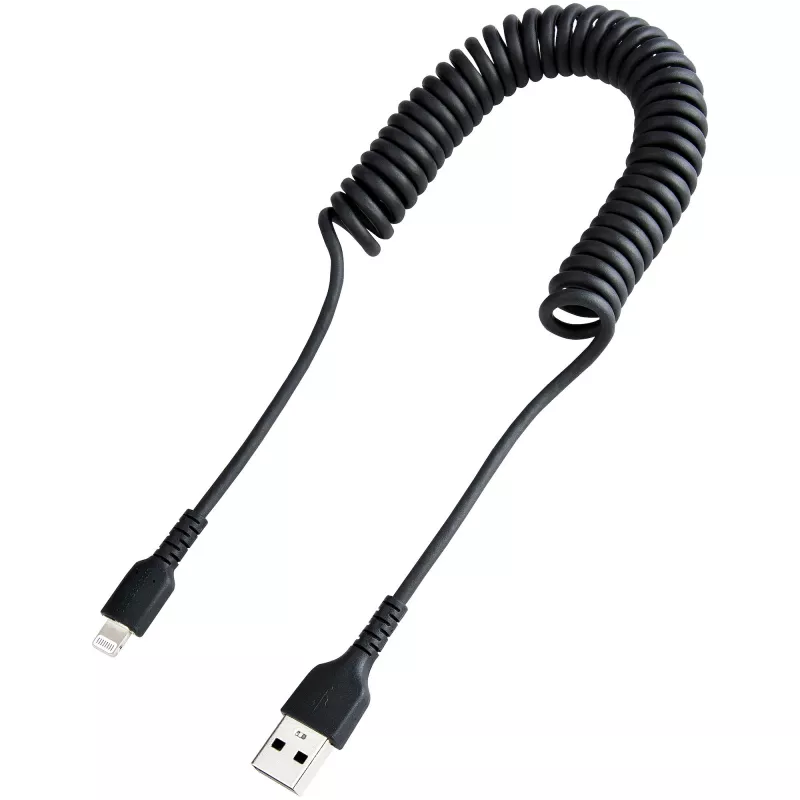 StarTech.com 1m (3ft) USB auf Lightning Kabel, MFi zertifiziert, spiralförmiges iPhone Ladekabel, Schwarz, strapazierfähiger TPE-Mantel Aramidfaser, robustes Spiralkabel Lightning