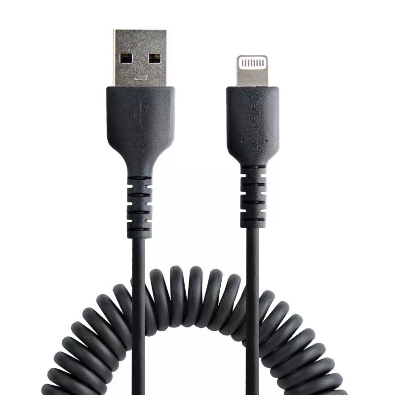 StarTech.com 1m (3ft) USB auf Lightning Kabel, MFi zertifiziert, spiralförmiges iPhone Ladekabel, Schwarz, strapazierfähiger TPE-Mantel Aramidfaser, robustes Spiralkabel Lightning