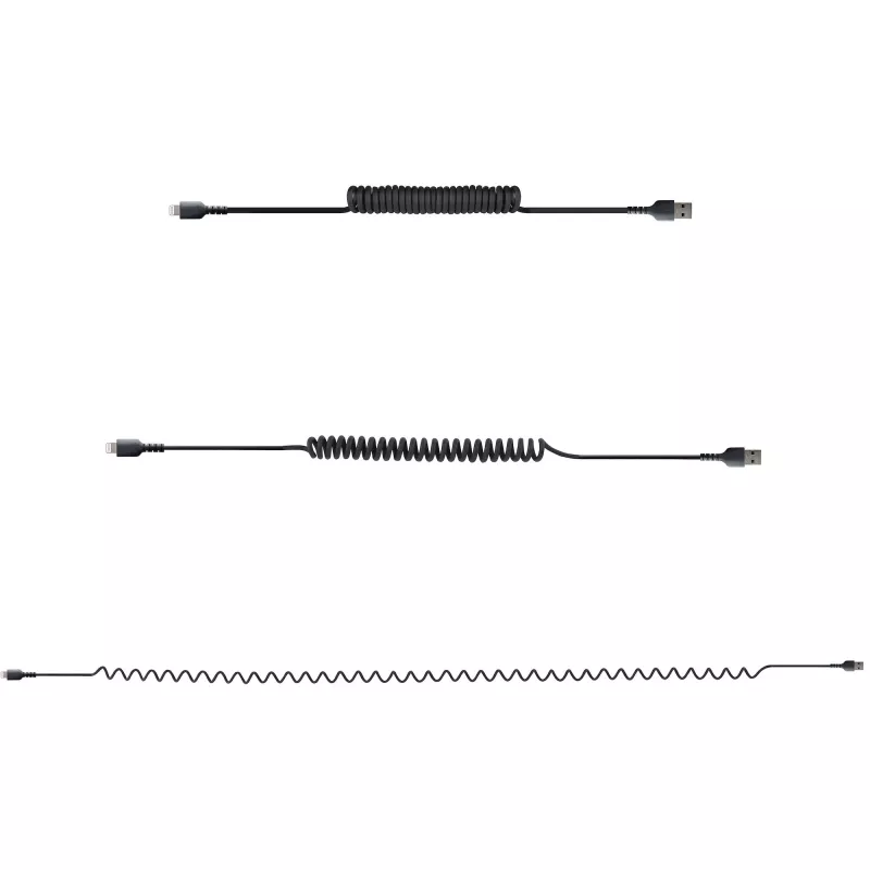 StarTech.com 1m (3ft) USB auf Lightning Kabel, MFi zertifiziert, spiralförmiges iPhone Ladekabel, Schwarz, strapazierfähiger TPE-Mantel Aramidfaser, robustes Spiralkabel Lightning