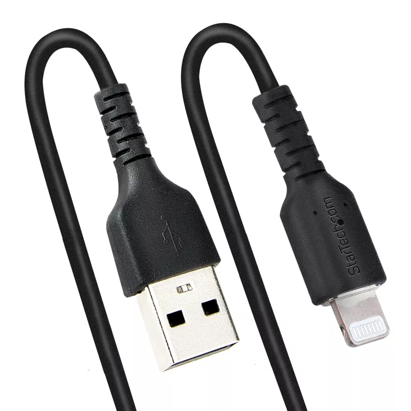 StarTech.com 1m (3ft) USB auf Lightning Kabel, MFi zertifiziert, spiralförmiges iPhone Ladekabel, Schwarz, strapazierfähiger TPE-Mantel Aramidfaser, robustes Spiralkabel Lightning
