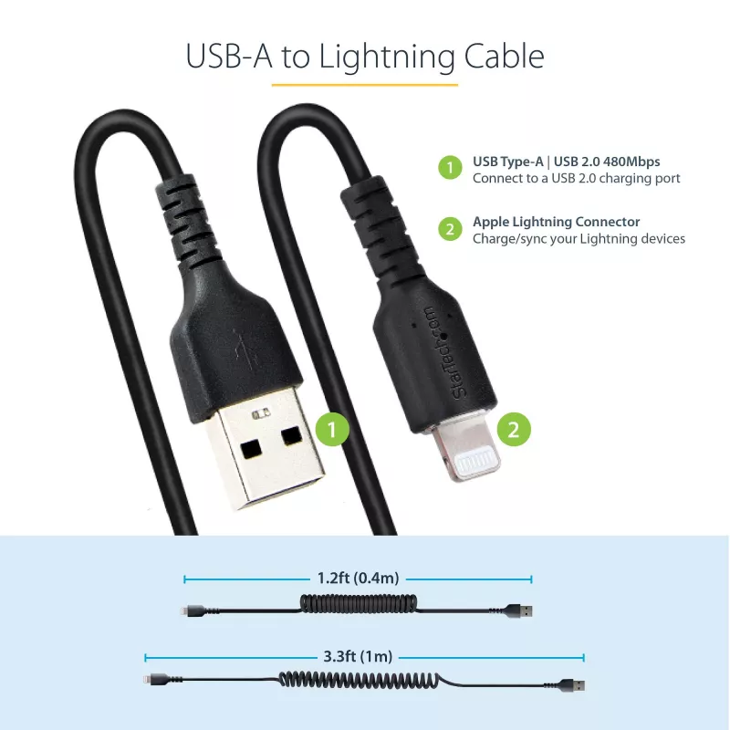 StarTech.com 1m (3ft) USB auf Lightning Kabel, MFi zertifiziert, spiralförmiges iPhone Ladekabel, Schwarz, strapazierfähiger TPE-Mantel Aramidfaser, robustes Spiralkabel Lightning