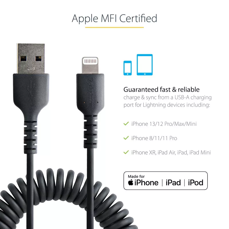 StarTech.com 1m (3ft) USB auf Lightning Kabel, MFi zertifiziert, spiralförmiges iPhone Ladekabel, Schwarz, strapazierfähiger TPE-Mantel Aramidfaser, robustes Spiralkabel Lightning