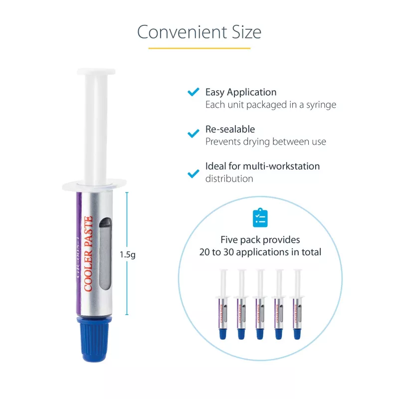 StarTech.com Wärmeleitpaste, 5er-Pack wiederverschließbare Spritzen (je 1,5 g), Metalloxid-Verbindung, Wärmeleitpaste für CPU-Kühlkörper