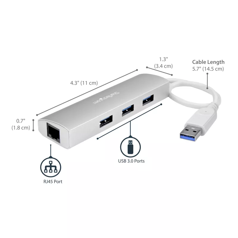 StarTech.com 3-Port tragbarer USB 3.0 Hub mit Gigabit-Ethernet - integriertes Kabel~3-Port tragbarer USB 3.0 Hub mit Gigabit-Ethernet - 5 Gbit/s - integriertes Kabel