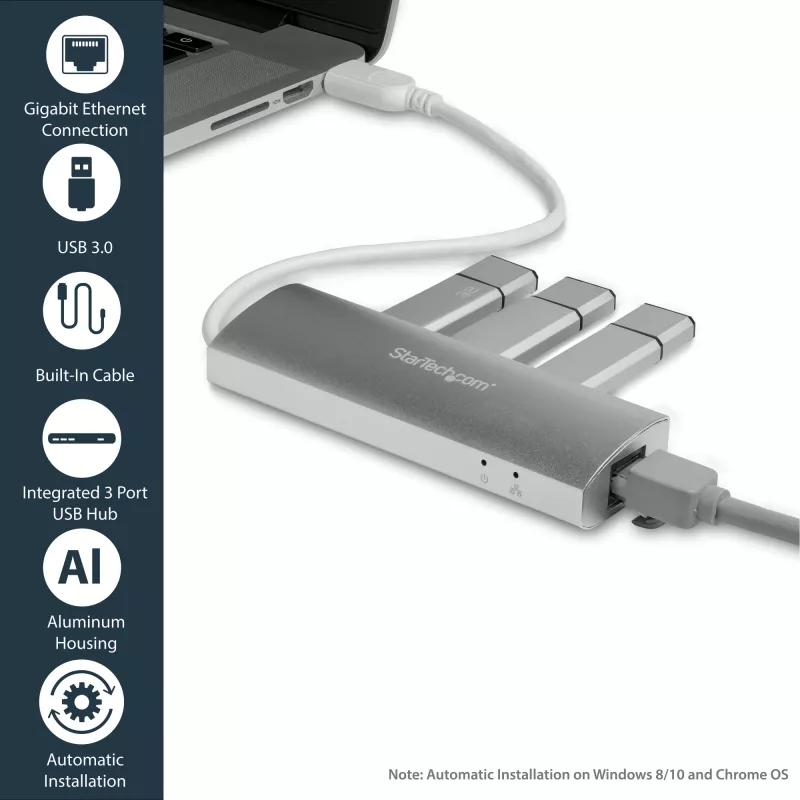 StarTech.com 3-Port tragbarer USB 3.0 Hub mit Gigabit-Ethernet - integriertes Kabel~3-Port tragbarer USB 3.0 Hub mit Gigabit-Ethernet - 5 Gbit/s - integriertes Kabel