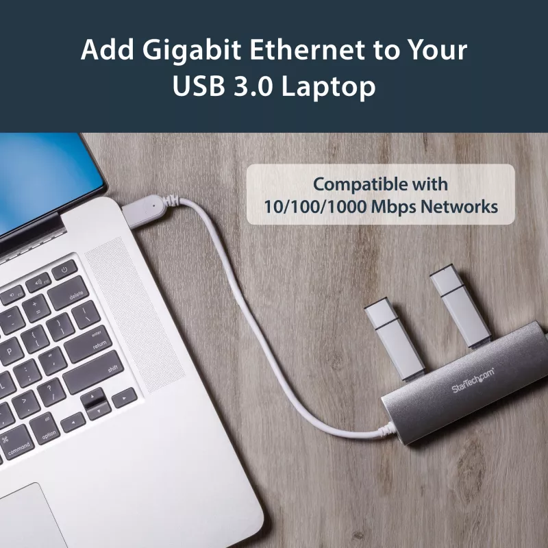 StarTech.com 3-Port tragbarer USB 3.0 Hub mit Gigabit-Ethernet - integriertes Kabel~3-Port tragbarer USB 3.0 Hub mit Gigabit-Ethernet - 5 Gbit/s - integriertes Kabel