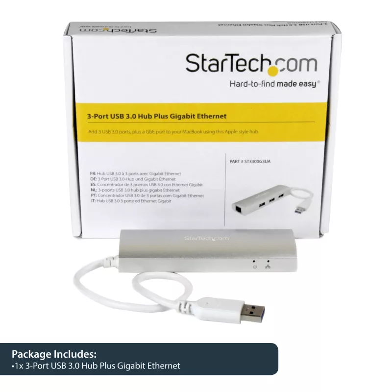 StarTech.com 3-Port tragbarer USB 3.0 Hub mit Gigabit-Ethernet - integriertes Kabel~3-Port tragbarer USB 3.0 Hub mit Gigabit-Ethernet - 5 Gbit/s - integriertes Kabel