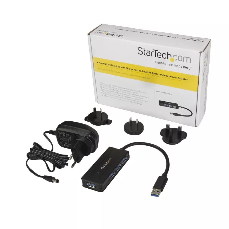 StarTech.com 4-Port USB 3.0 Hub (SuperSpeed 5 Gbit/s) mit Schnellladung – Tragbarer USB 3.1 Gen 1 Typ-A Laptop/Desktop Hub – USB Bus-Power oder selbstbetrieben für hohe Leistung – Mini/Kompakt