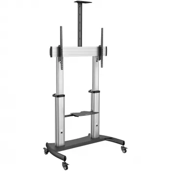 StarTech.com Mobiler TV-Ständer – Schwerlast-TV-Wagen für 60–100 Zoll Displays (100 kg) – höhenverstellbarer rollender Flachbildschirm-Bodenständer auf Rädern – universelle TV-Halterung mit Ablagen