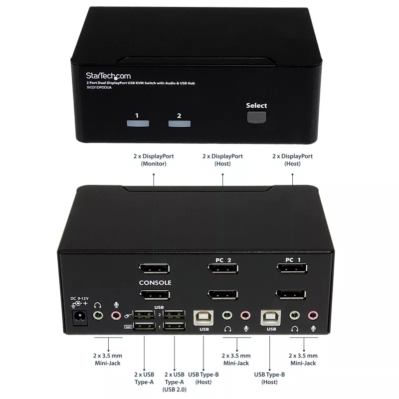 StarTech.com 2-Port Dual DisplayPort USB KVM-Switch mit Audio & USB 2.0 Hub