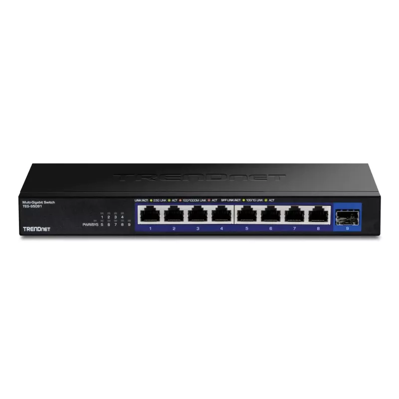 Unmanaged Netzwerk-Switch TRENDnet TEG-S5091 — 8× 2.5G RJ-45-Ports, 60 Gbit/s, 12V, wandmontierbar